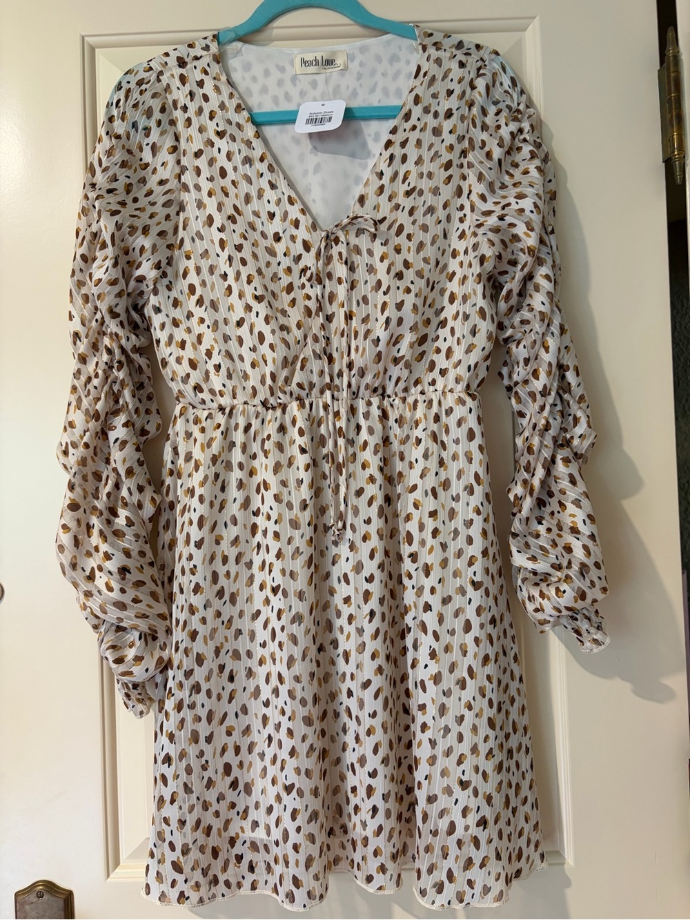 NWT Peach Love Long-Sleeve Cream Mini Autumn Dress with Brown Dot Print Size M